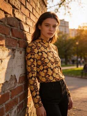 Zara Floral Mock High Neck Stretch Jacquard Long Sleeve Top Medium